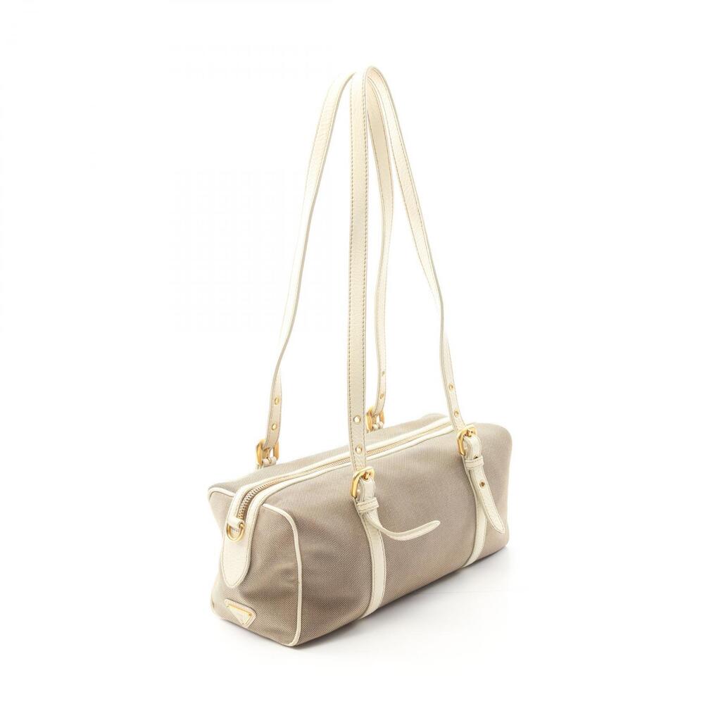 Prada LOGO Tote JACQUARD Bag Beige Leather White Canvas